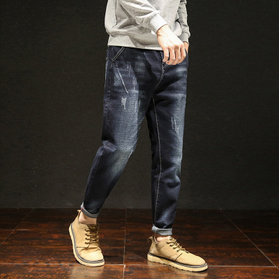 吉普战车大码牛仔裤男2021年春夏新款加肥加大宽松九分裤男装港风修身哈伦裤潮男士牛仔裤男装时尚潮流