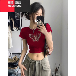 YIBUSHENG美式复古酒红正肩短袖t恤女日多巴胺穿搭甜辣掐腰小衫甜辣上衣