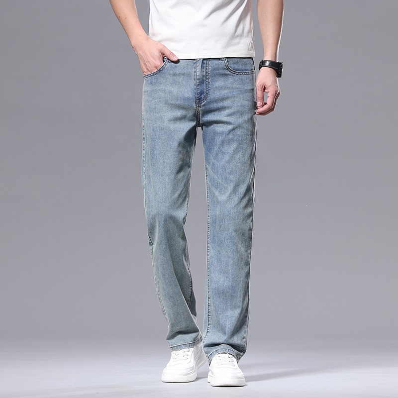 品质轻奢直筒牛仔裤莱赛尔年春夏通勤上班亚麻天丝男士牛仔裤复古