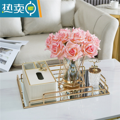 敬平北欧装饰纸巾盒轻奢茶几收纳盒套装客厅餐桌多功能收纳纸抽盒 白色意式套装+深粉手感玫瑰 +牙签罐