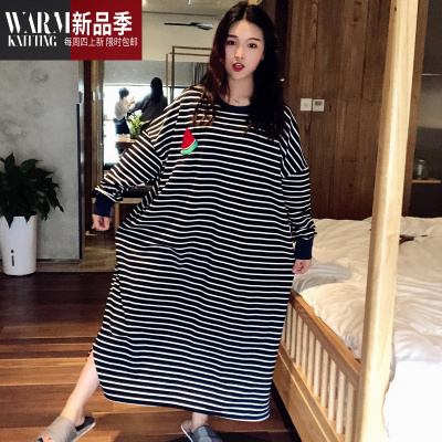 大码条纹睡裙女春秋棉长袖宽松长款可爱睡衣胖mm孕妇200斤秋冬SHANCHAO