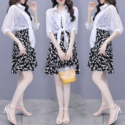 仙依琦小个子雪纺吊带连衣裙套装女2020夏装新款小清新两件套装裙子仙女裙6913