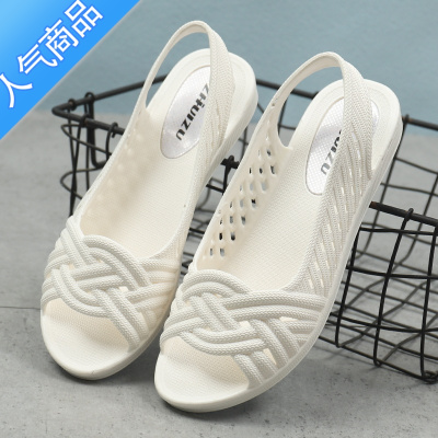 SUNTEK鱼嘴凉鞋女夏季白色塑料透气沙滩鞋女士防水工作鞋护士鞋软底防滑