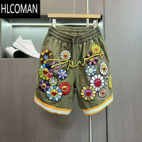 HLCOMAN夏季大码2-300斤刺绣金线太阳花短裤男加肥加大宽松工装运动裤潮