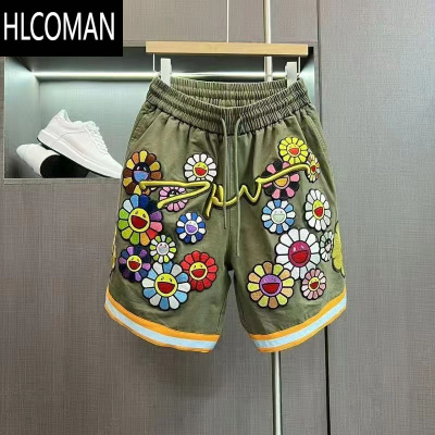 HLCOMAN夏季大码2-300斤刺绣金线太阳花短裤男加肥加大宽松工装运动裤潮