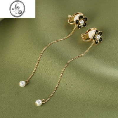 JiMi气质简约黑色花朵耳夹女无耳洞流苏长款珍珠耳坠适合圆脸的耳饰