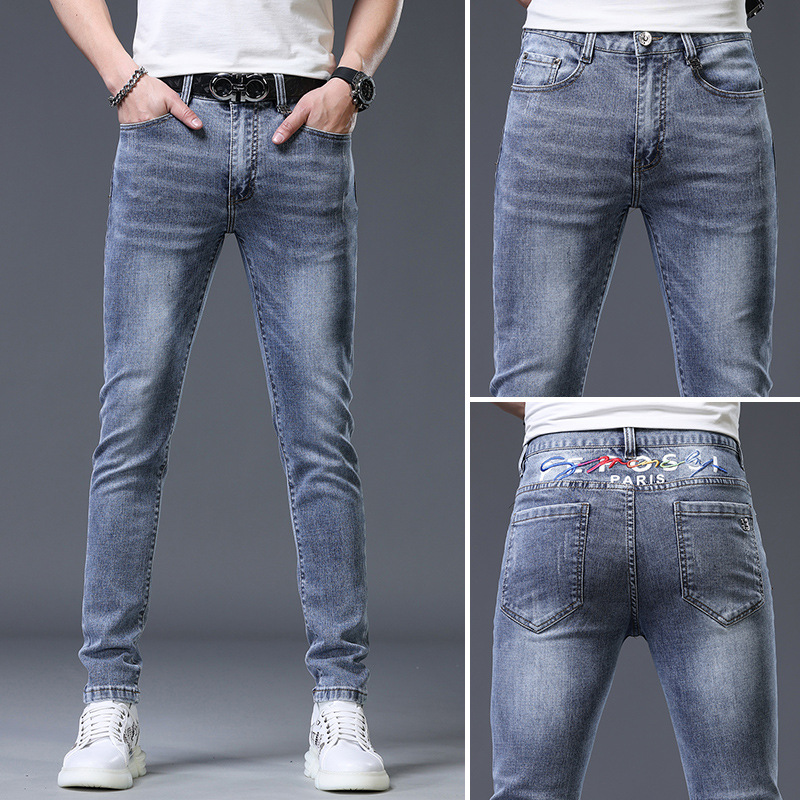 高端欧货牛仔裤男士潮牌夏季薄款百搭印花修身小脚休闲长裤子