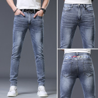 高端欧货牛仔裤男士潮牌夏季薄款百搭印花修身小脚休闲长裤子