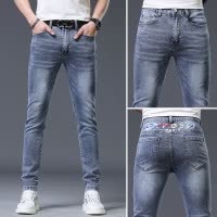 高端欧货牛仔裤男士潮牌夏季薄款百搭印花修身小脚休闲长裤子