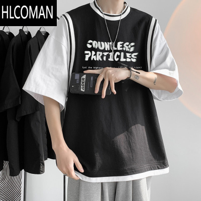 HLCOMANoversize拼接短袖男潮牌小众设计感假t恤男宽松美式半袖体恤