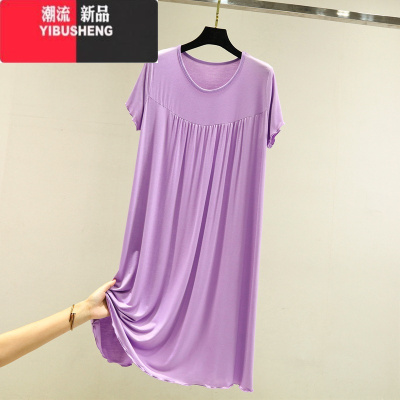 YIBUSHENG休闲短袖连衣裙莫代尔大码宽松居家睡裙女季薄款可外穿过膝长裙