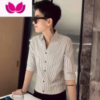 七斓很仙的衬衫男七分袖韩版潮ins帅气男装中短袖条纹寸衣痞帅上衣服