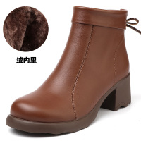 真皮圆头短靴女真皮粗跟马丁靴简约厚底短筒靴秋冬休闲单靴女