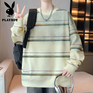 花花公子新款高品质棉质港风卫衣男条纹渐变青少年秋季新款宽松套头卫衣男