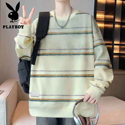 花花公子新款高品质棉质港风卫衣男条纹渐变青少年秋季新款宽松套头卫衣男