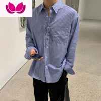 七斓韩系竖条纹长袖衬衫男士夏季冰丝复古宽松衬衣高级感薄款免烫外套