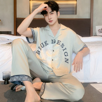 睡衣男夏季冰雪丝开衫翻领短袖长裤韩版休闲加大码宽松家居服套装