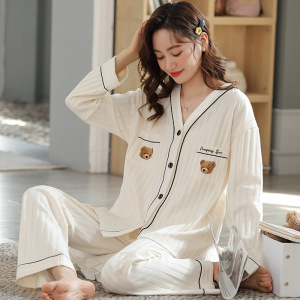 可外穿睡衣女士秋冬季棉质长袖和服大码韩版宽松套装开衫家居服