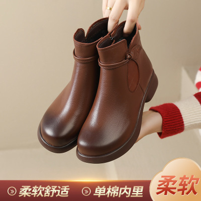 粗跟真皮单靴圆头中跟皮靴秋冬复古百搭通勤高帮女士软底棉靴