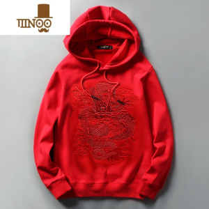 YANXU卫衣男中国风潮刺绣龙连帽卫衣龙年本命年春季ins修身红色