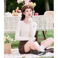 [2.5折价62元]唐狮新款打底衫女圆领净色袖子贴标针织打底衫圆领女打底衫