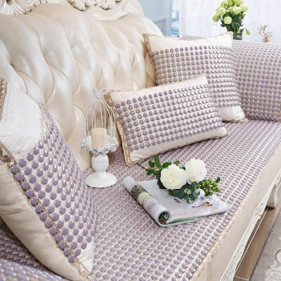 夏季陶瓷凉垫 客厅沙发凉席垫夏天款防滑欧式全包萬能套罩坐垫子 布艺+晶彩浅紫色 45*45餐椅垫、办公椅垫