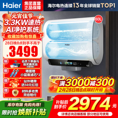 海尔(Haier)麦浪套系电热水器 国家补贴15%双胆扁桶60升BK5PLUS富锶小蓝瓶无镁棒3300W速热一级能效