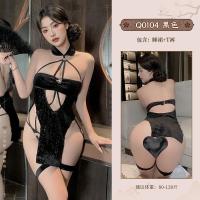 九里晴川Q0104丝绒镂空挂脖蜘蛛旗袍免脱性感诱惑高腰开叉连衣裙 九里晴川Q0104[丝绒连衣裙] 均码