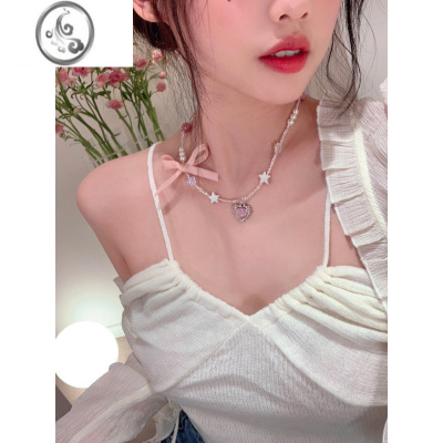 JiMi超夏天冰淇淋甜心芭蕾风项链 可爱芭比少女粉水晶串珠蝴蝶结颈链