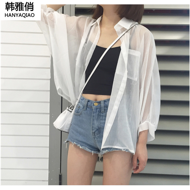 韩雅俏2018新品原宿风bf宽松百搭雪纺衫开衫外搭外套女蝙蝠袖防晒衣上