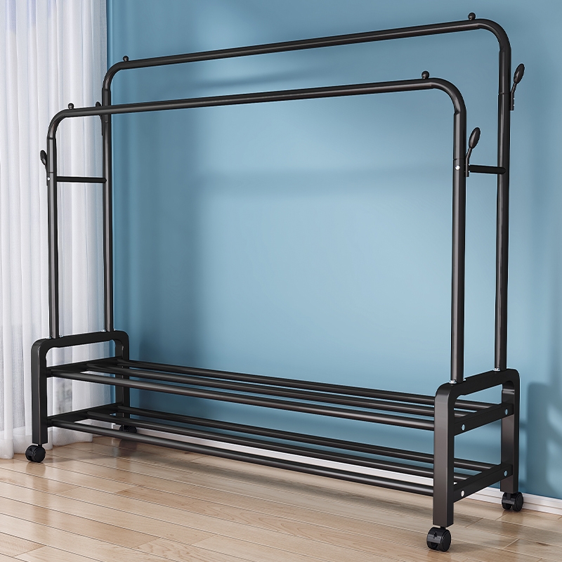 [补贴10%]晾衣架落地室内家用衣服架子双杆置物架可移动衣帽架晒衣杆神器