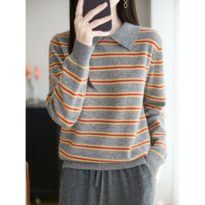 娃娃领秋冬新款长袖羊毛衫女打底衫洋气宽松圆翻领条纹毛衣