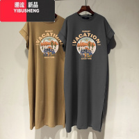 YIBUSHENG2024季新款短袖T恤裙女韩版宽松休闲大码飞飞袖连衣裙长裙