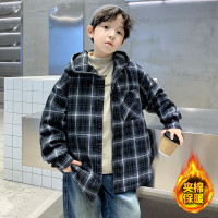 男童加厚外套秋冬款新款帅气上衣冬装中大童男孩夹棉格子衬衫