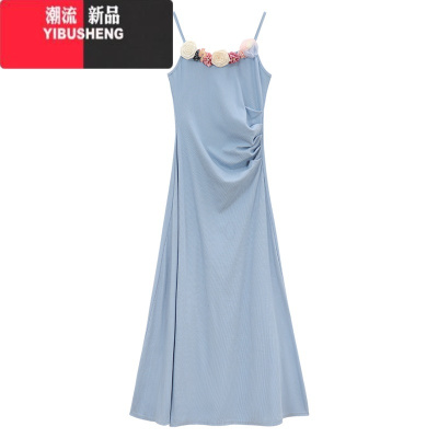 YIBUSHENG海边度假绝美花朵吊带连衣裙女显瘦收腰法式气质长裙子