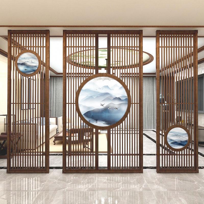 新中式屏风隔断客厅入户北欧栅栏轻奢风屏风实木镂空半透纱画座屏 定制胡桃木联系客服改价 整装
