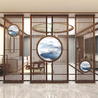 新中式屏风隔断客厅入户北欧栅栏轻奢风屏风实木镂空半透纱画座屏 定制胡桃木联系客服改价 整装
