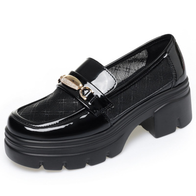 网纱夏季增高漆皮小皮鞋女2026新款春秋水钻厚底一脚蹬时尚乐福鞋