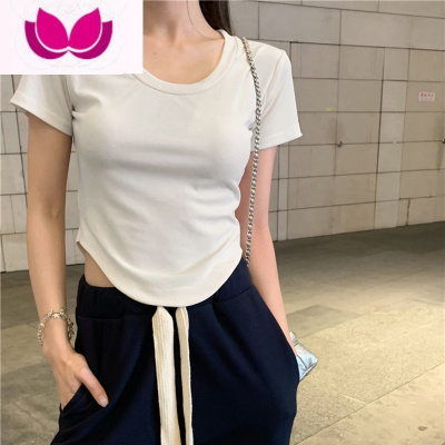 七斓2023夏季设计感小众纯欲风甜辣妹性感u领短袖t恤女不规则短款上衣