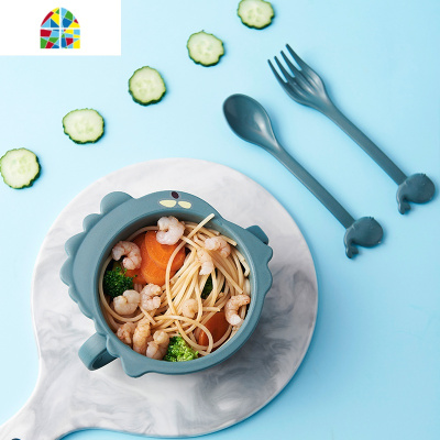 儿童辅食碗家用宝宝防摔吃饭碗勺杯餐具套装防烫防摔卡通可爱杯子 FENGHOU 恐龙墨绿/四件套