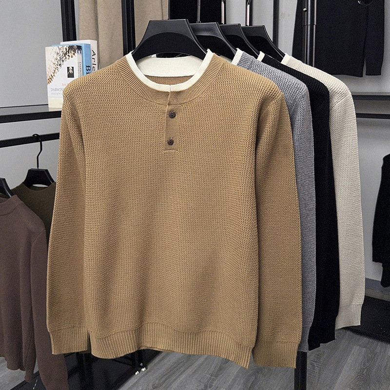 2025秋冬季新款假两件圆领毛衣男时尚青年加厚保暖打底男士针织衫