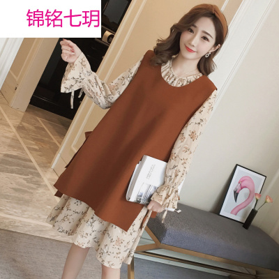 锦铭七玥018春装新韩版女装孕妇装碎花雪纺连衣裙两套