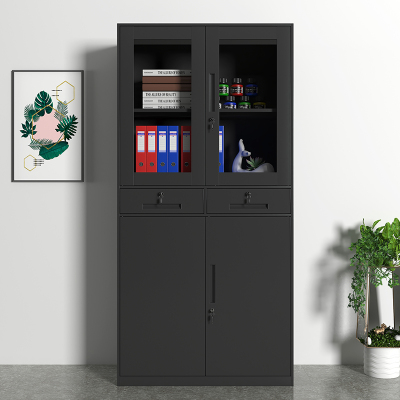初嘉WJGT-029钢制文件柜窄边资料柜拆装档案柜带锁储物柜纯黑中二斗文件柜