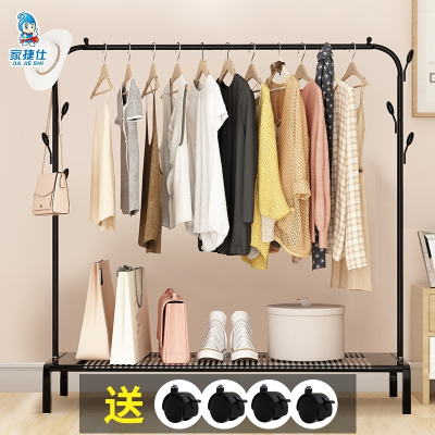 晾衣架落地阳台凉衣杆卧室内挂衣架简易折叠单杆式家用晒衣服架子大150cm-黑色豪华+置物板送轮子-加粗加长-抖音