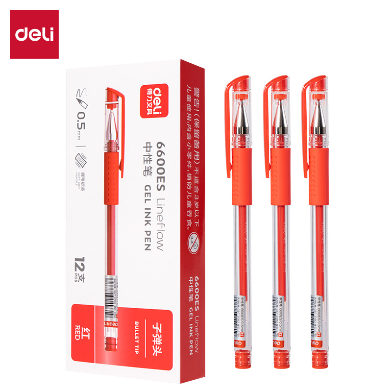 得力6600ES中性笔水笔0.5mm 红色 子弹头签字笔 12支/盒 (12盒装)