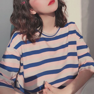 夏季新款休闲宽松圆领简约百搭条纹韩版短袖T恤上衣女学生打底衫