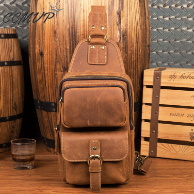 CCMVP品牌自营质量保证-CCMVP休闲品牌男疯马皮胸手工牛皮斜挎复古休闲户外男英伦男士单肩浅棕色默认颜色