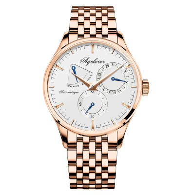 agelocer手表男士动能显示功能自动机械表全景透底男表动能显示奢华金钢带白盘4101D9均码