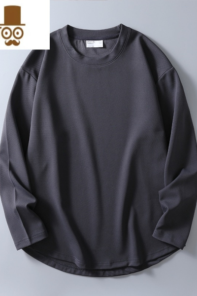 YANXU「下摆开衩秋季男士长袖t恤圆领落肩袖纯色休闲打底衫宽松