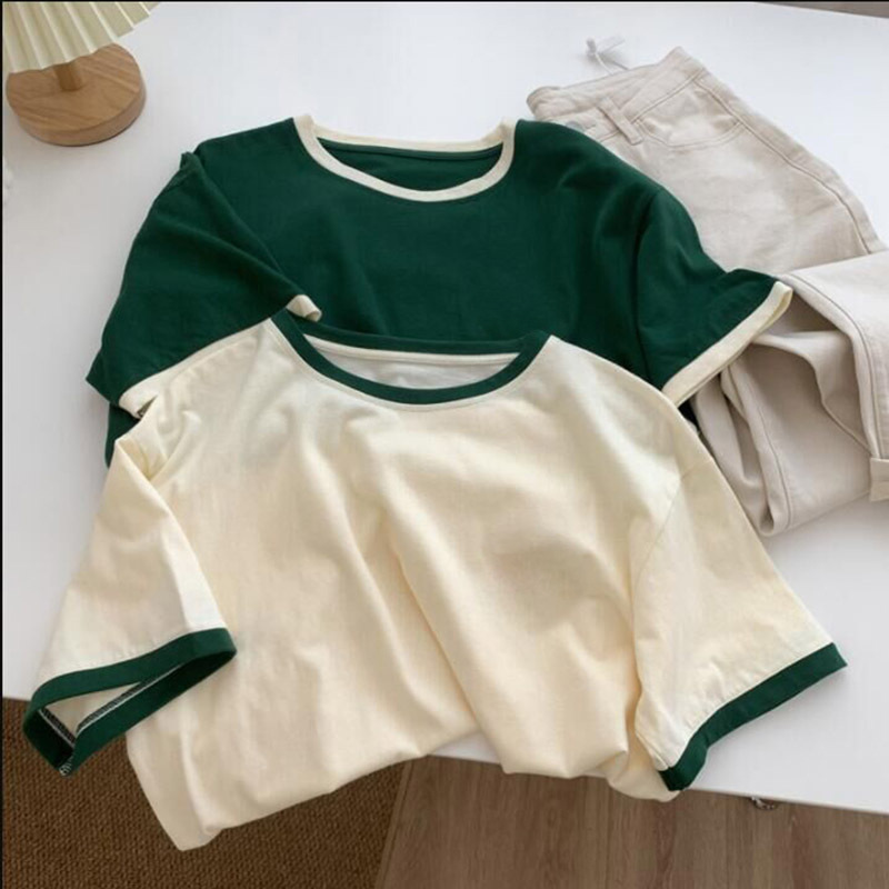 拼接T恤短袖女夏装撞色新款圆领宽松ins小心机洋气简约学生上衣